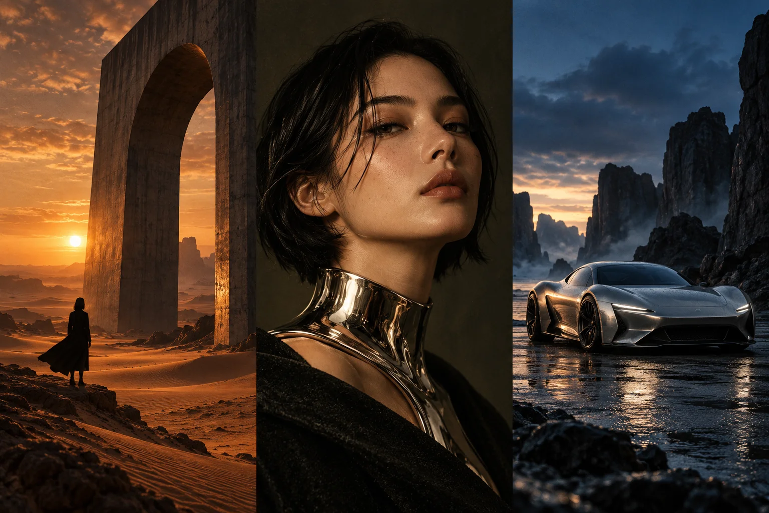 Original demo artwork: an explorer beneath a desert arch, an editorial portrait and a silver concept car
